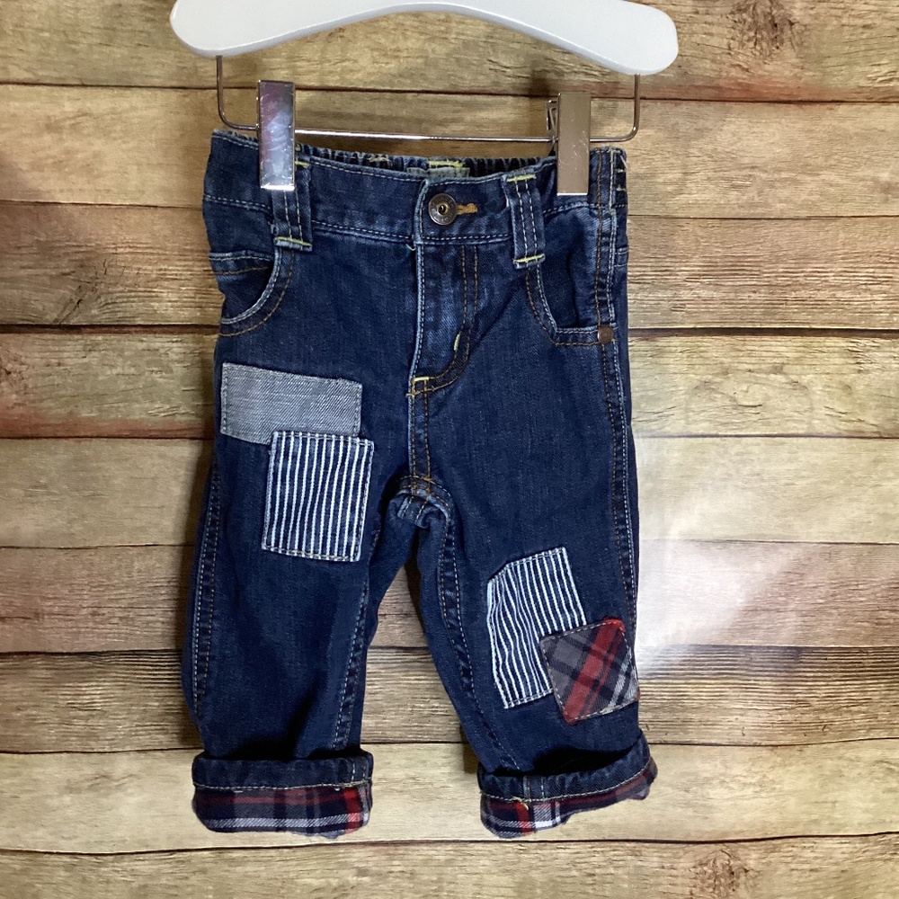 Oshkosh Infant Boy Plaid Cuff Denim Jean Pant Size 6 mos